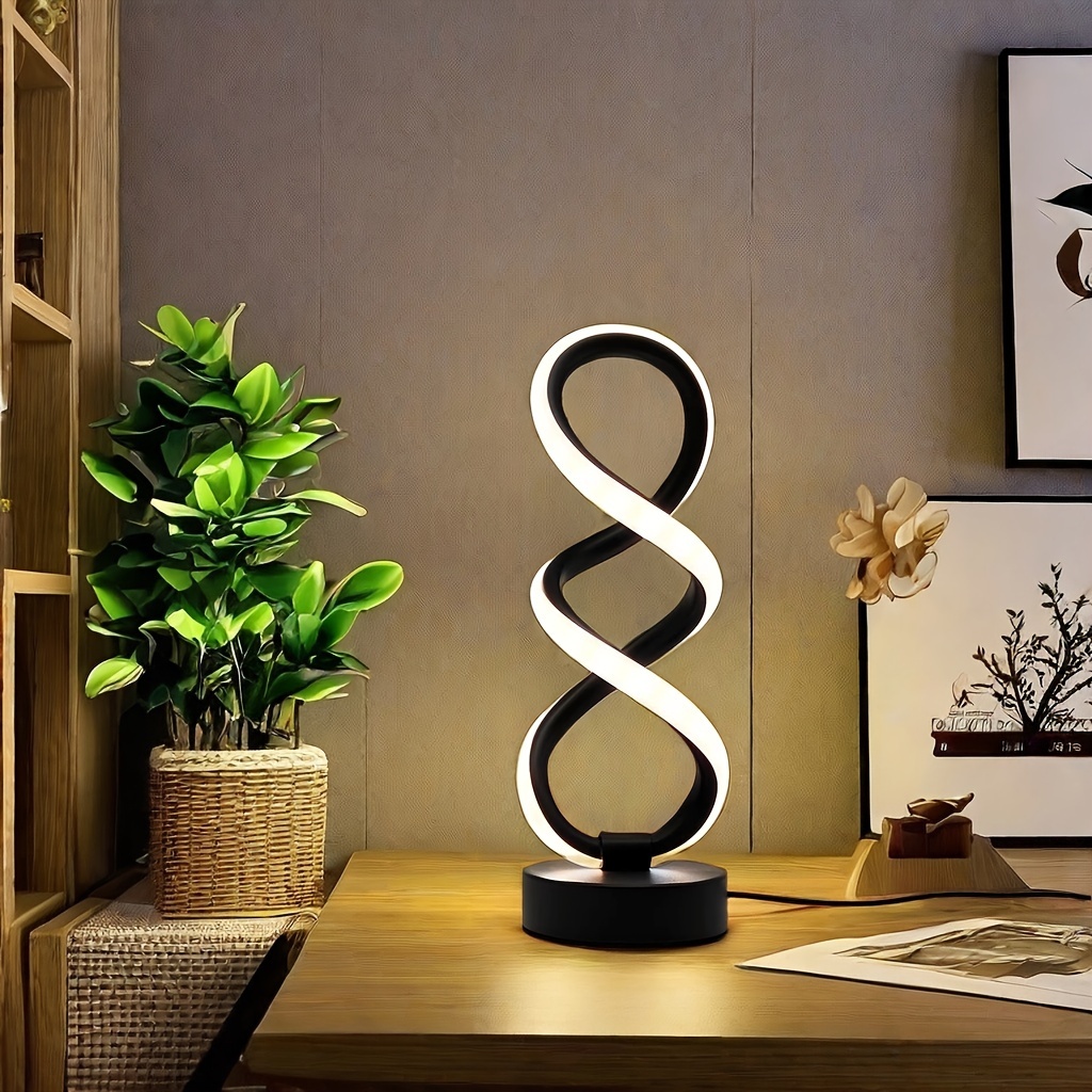 Moderní kovová spirálová stolní lampa s nastavitelným osvětlením a USB napájením - černá