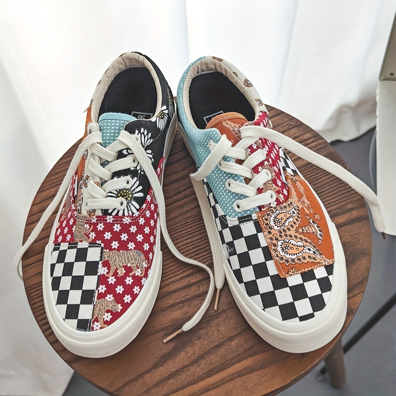 Trendy plátěné tenisky s motivem kašmíru a šachovnice, unisex nízký střih - EU 39.5