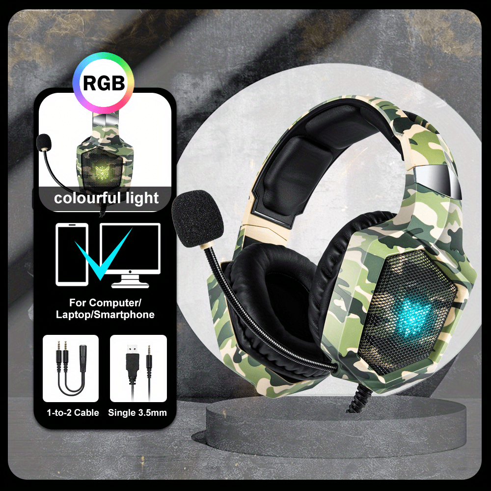 Herní náhlavní souprava K8 s mikrofonem - Kabelová náhlavní souprava pro hraní na počítači - Camouflage Green