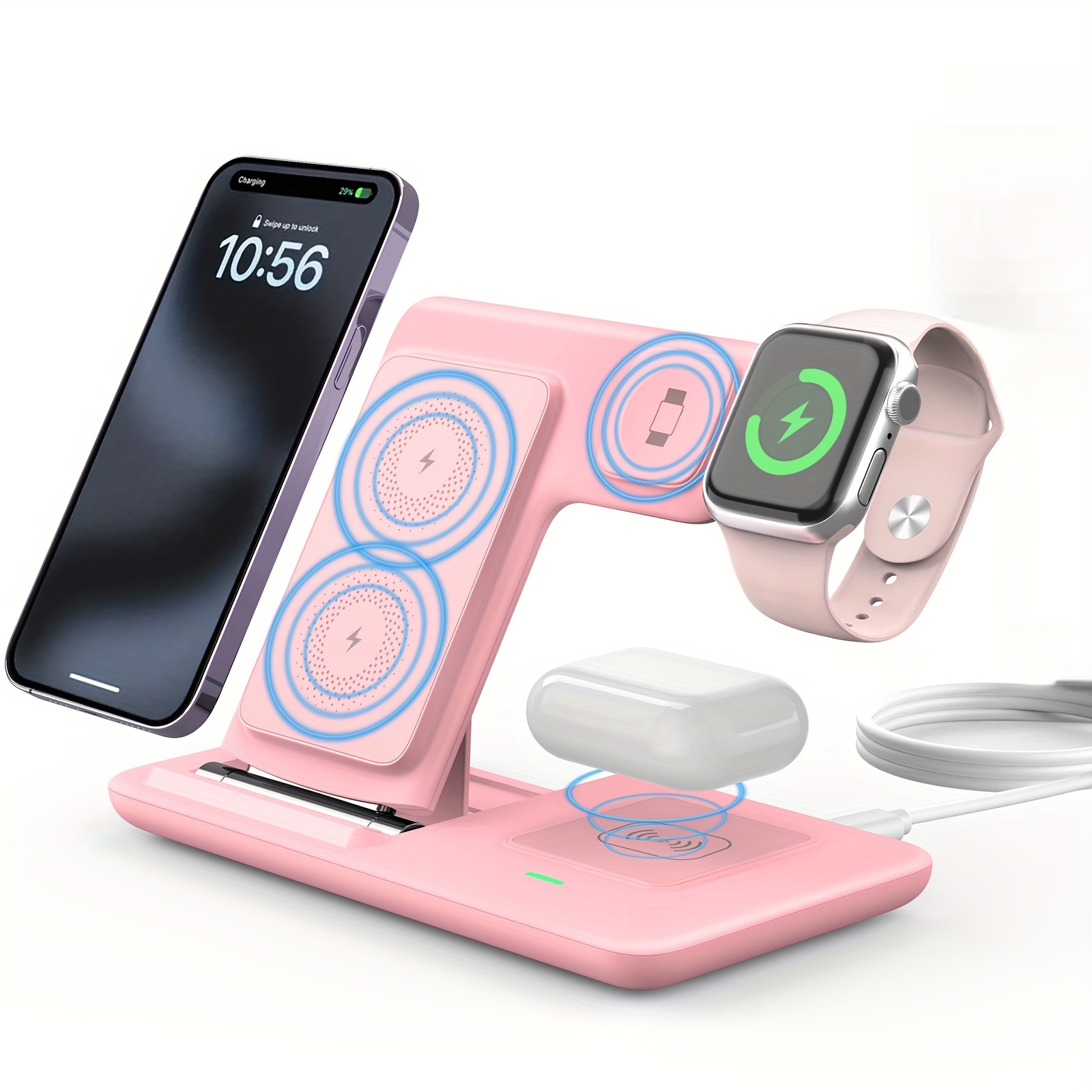 Skládací 3v1 bezdrátová nabíjecí stanice Mingmai pro iPhone, AirPods a Apple Watch s magnetickou základnou a LED indikátorem - růžová