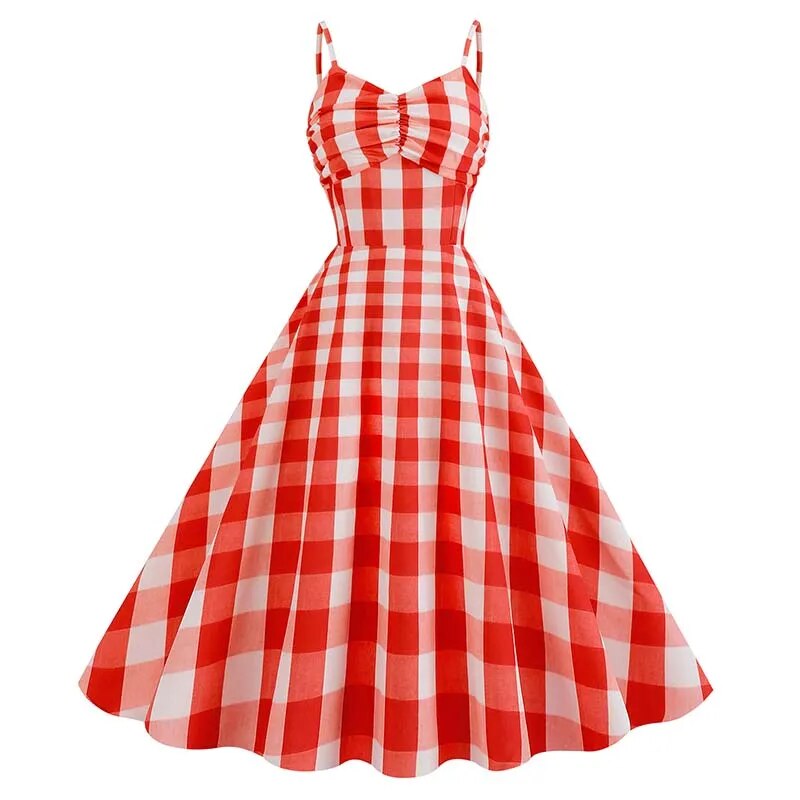 Elegantní vintage šaty s károvým vzorem a vysokým pasem na letní akce a retro plesy - red plaid dress, L
