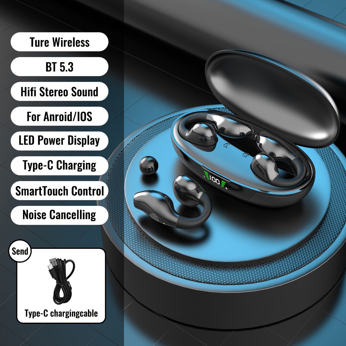 Bezdrátová sluchátka True Wireless - Herní, Sportovní, Vodotěsná, Stereo Zvuk - černá