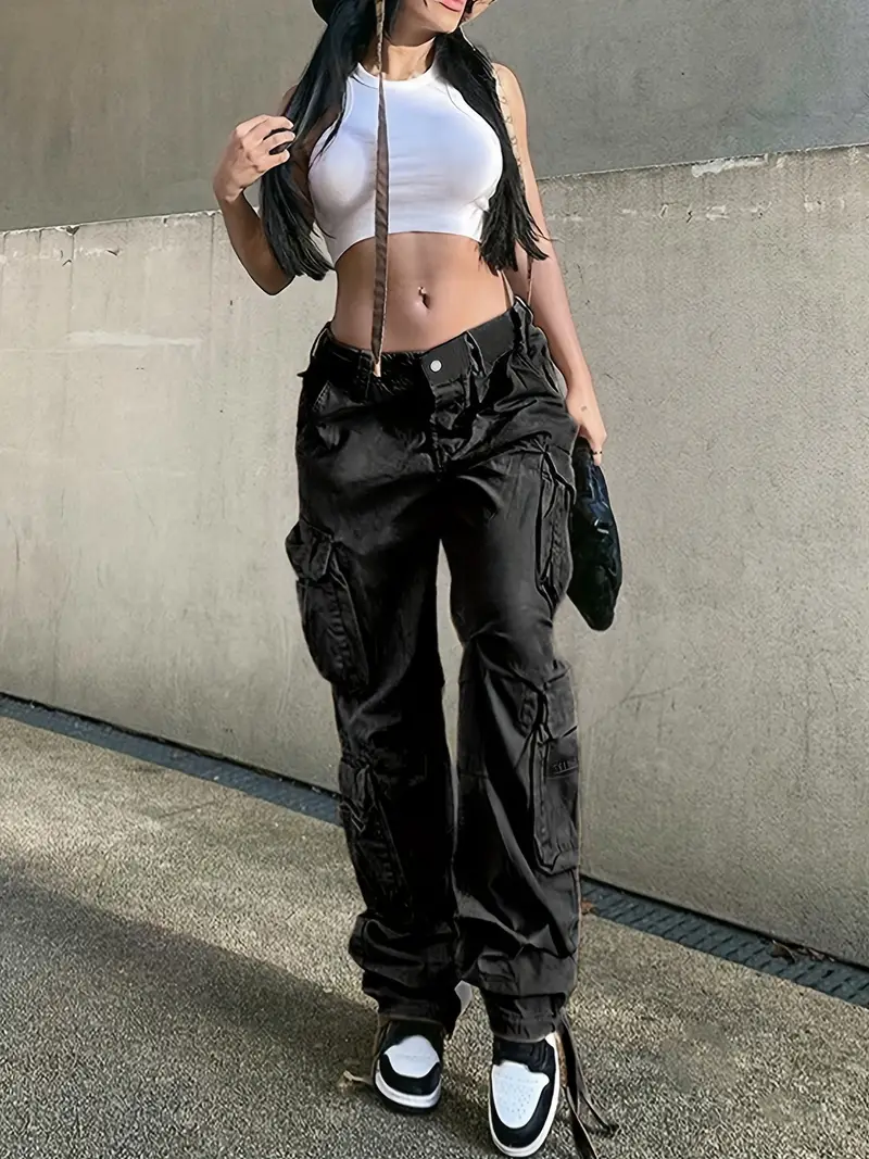 Široké Cargo kalhoty Baggy s klopnovými kapsami - Y2K styl pro dívky & Vintage džíny Kpop - na velikost S