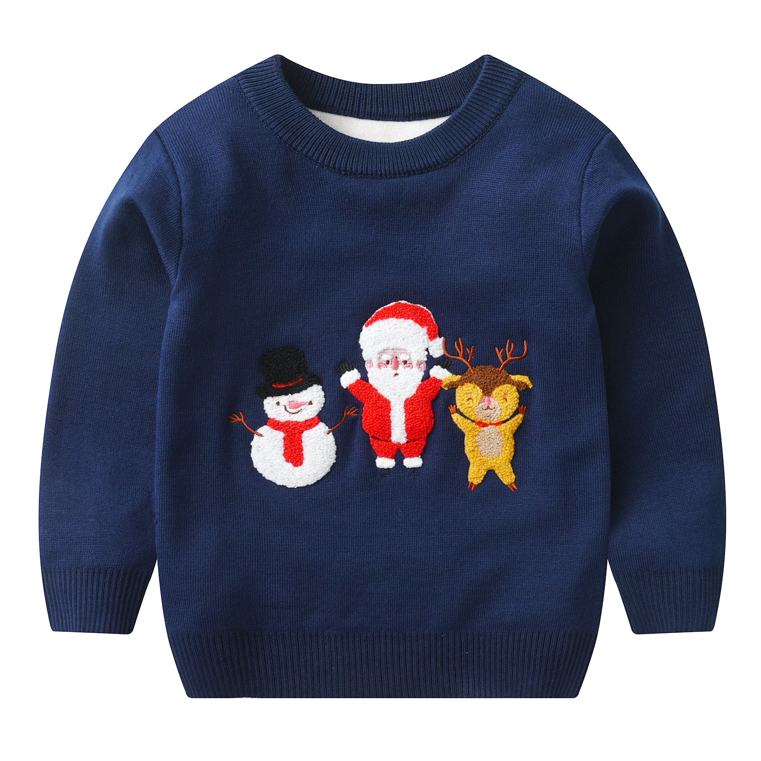 Dětský Vánoční svetr s pleteným motivem Santy, soba a sněhuláka - podzim/zima - tmavé modrá velikost 7 LET
