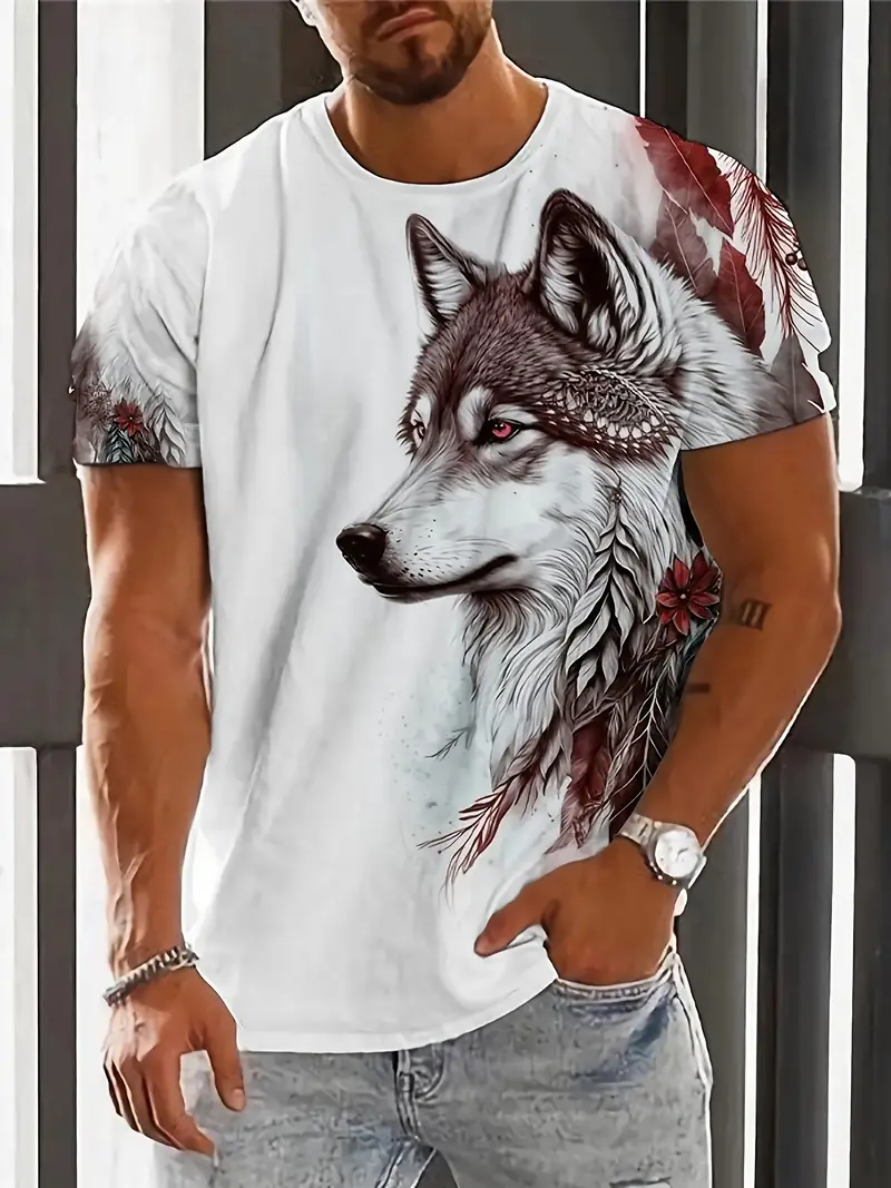 Pánské tričko Wolf - etnický styl, digitální potisk, krátký rukáv - Red 1, S