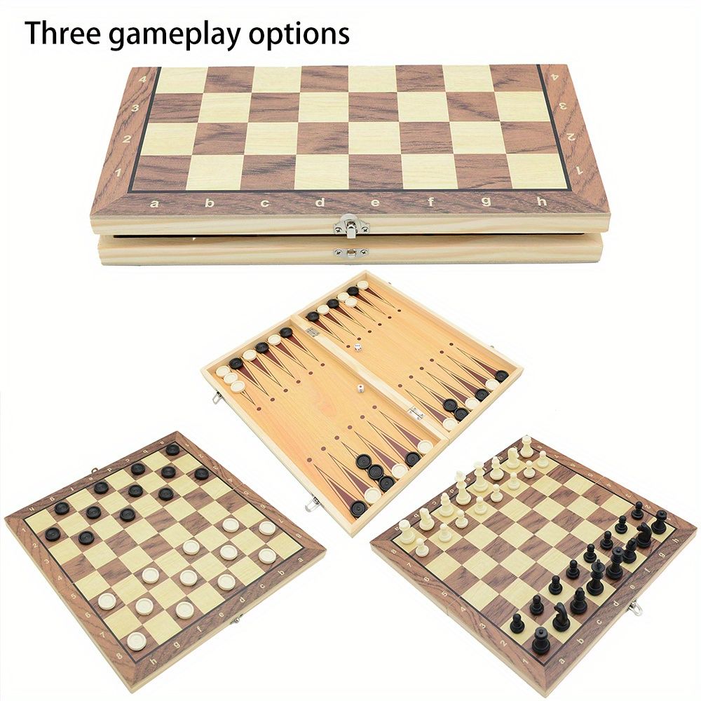 Šachový set 3 v 1: Šachy, Dáma a Go - 24 cm skládací dřevěná deska s plstěným dnem