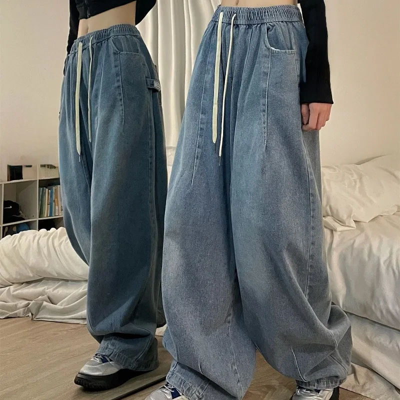 Dámské vintage baggy džíny s elastickým pasem a s dlouhými nohavice - modrá velikost S