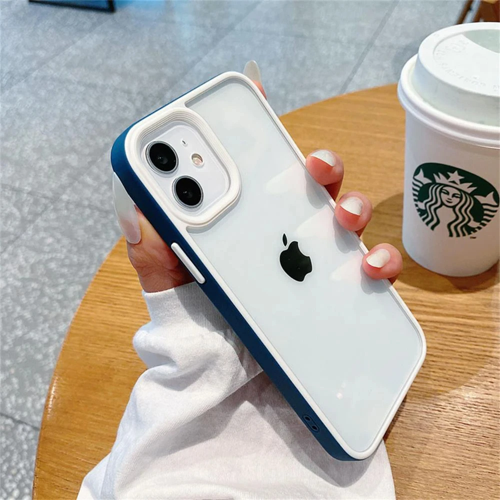 Luxusní průhledné čtvercové pouzdro na iPhone s nárazuvzdorným rámečkem - modrá oranžová iPhone 15 ProMax