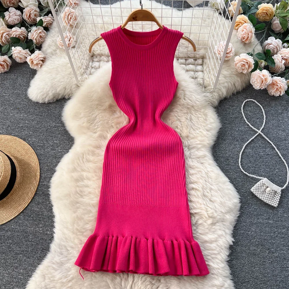 Dámské pletené šaty bez rukávů, elastické a těsné - Rose Red