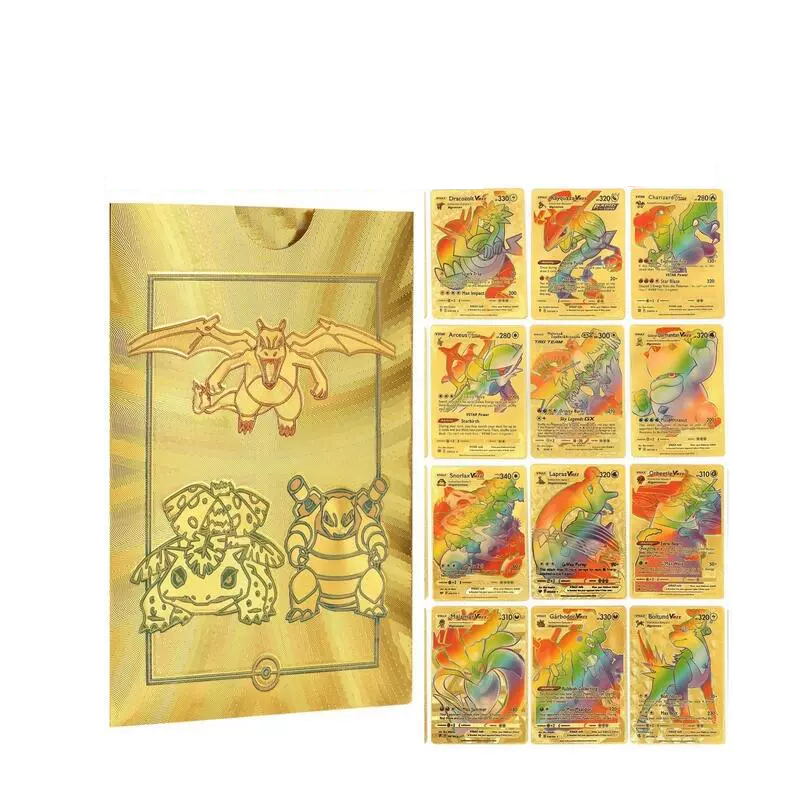 Balíček duhových zlatých Pokémon karet VMax Lesklé Pokémon kartičky Sběratelské kartičky Pokémon Sada hracích kartiček, duhová zlatá, 55 ks
